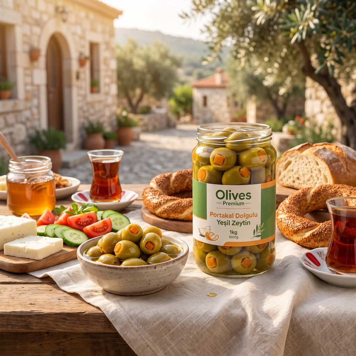 Portakal Dolgulu Yeşil Zeytin 1 kg — Olives Premium (Ege sofrası)
