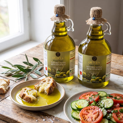 Tirilye Olgun Hasat Zeytinyağı 9 × 1 L Kulplu Cam Galon — Olives Premium (sofrada)