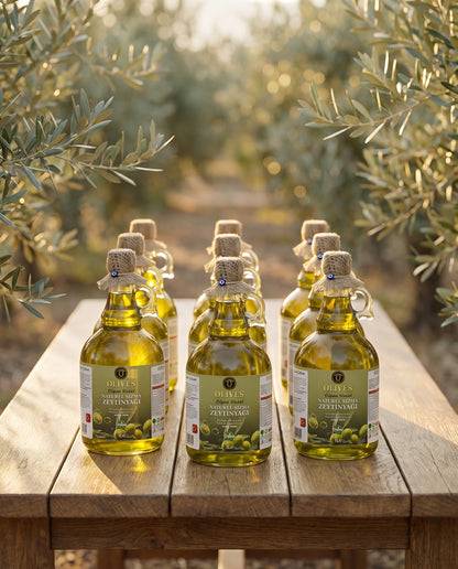 Tirilye Olgun Hasat Zeytinyağı 9 × 1 L Kulplu Cam Galon — Olives Premium (yaşam)