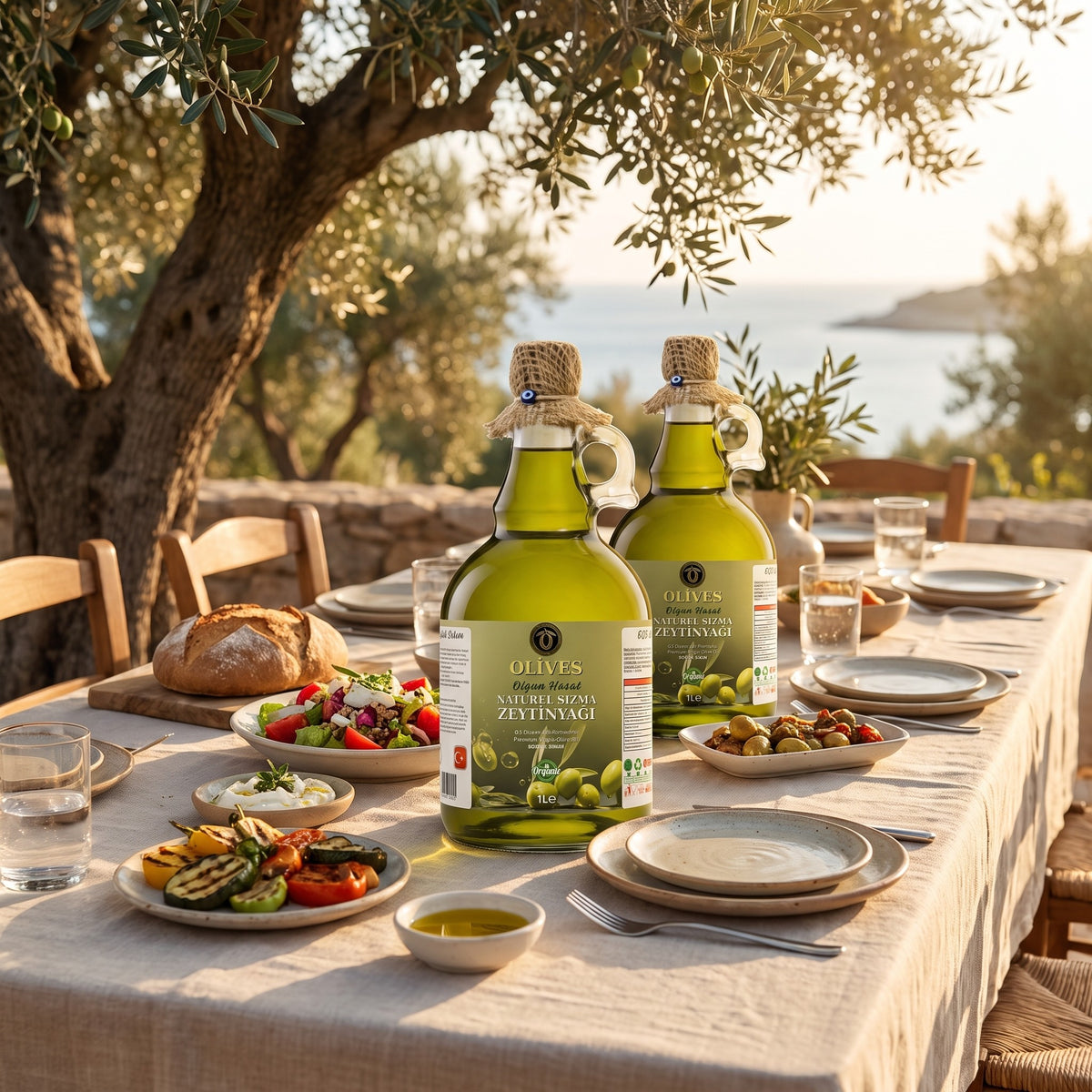Tirilye Olgun Hasat Zeytinyağı 9 × 1 L Kulplu Cam Galon — Olives Premium (Ege sofrası)