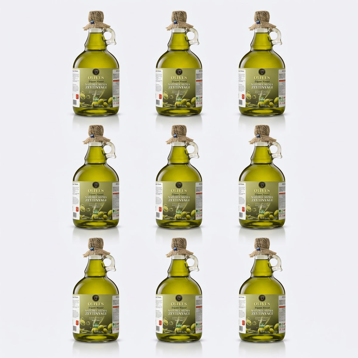 Tirilye Olgun Hasat Zeytinyağı 9 × 1 L Kulplu Cam Galon — Olives Premium (stüdyo)