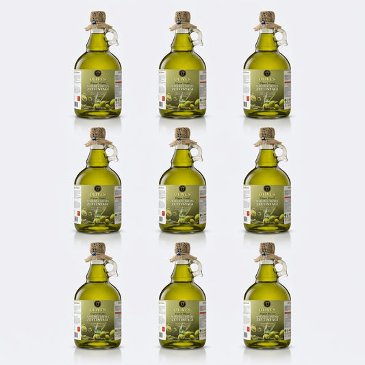 Tirilye Olgun Hasat Zeytinyağı 9 × 1 L Kulplu Cam Galon — Olives Premium (stüdyo)