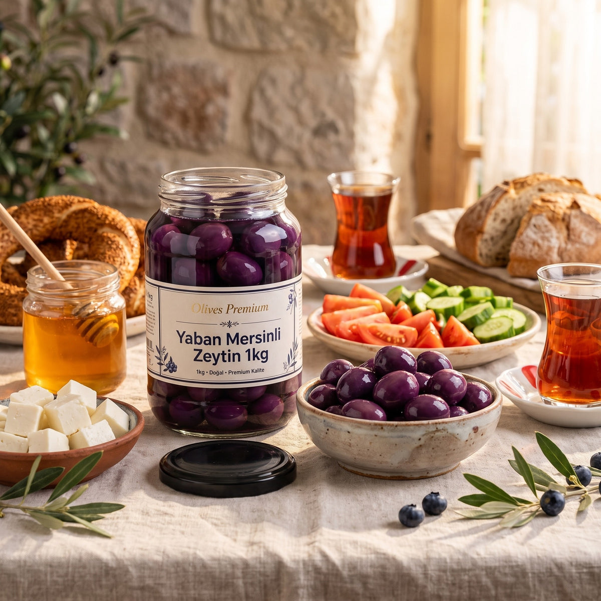 Yaban Mersinli Zeytin 1 kg — Olives Premium (Ege sofrası)